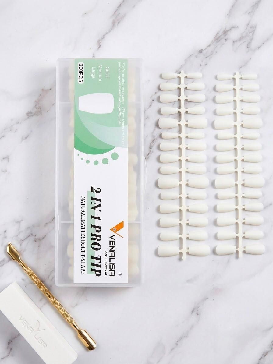VENALISA 2 in 1 Pro Tips – Natural Matte Short T-Shape Full Cover Nail Tips (300 PCS)