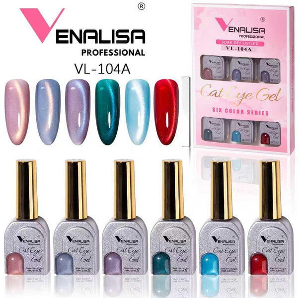 Venalisa Professional Cat Eye Gel Nail Polish Set VL-104A (6 Colors) | Soak Off UV/LED Magnetic Nail Gel Kit