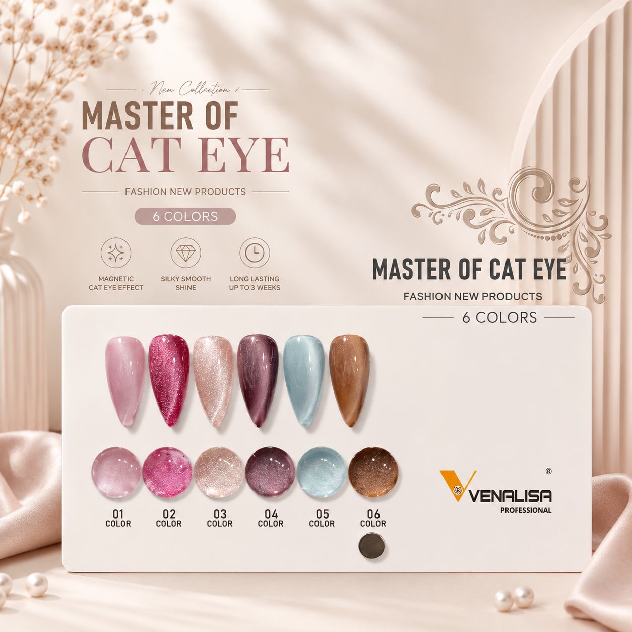 Venalisa Master Of Cat Eye Gel Nail Polish Set – 6 Colors Magnetic Glitter Cat Eye Nail Gel