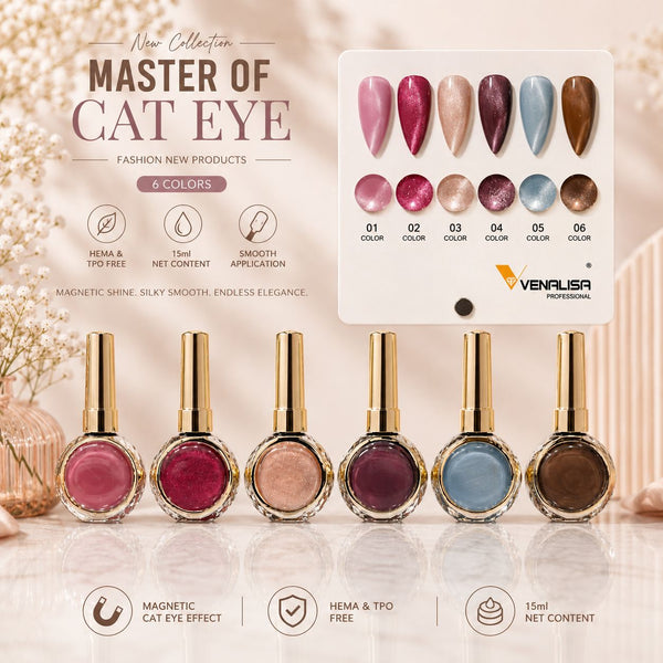 Venalisa Master Of Cat Eye Gel Nail Polish Set – 6 Colors Magnetic Glitter Cat Eye Nail Gel