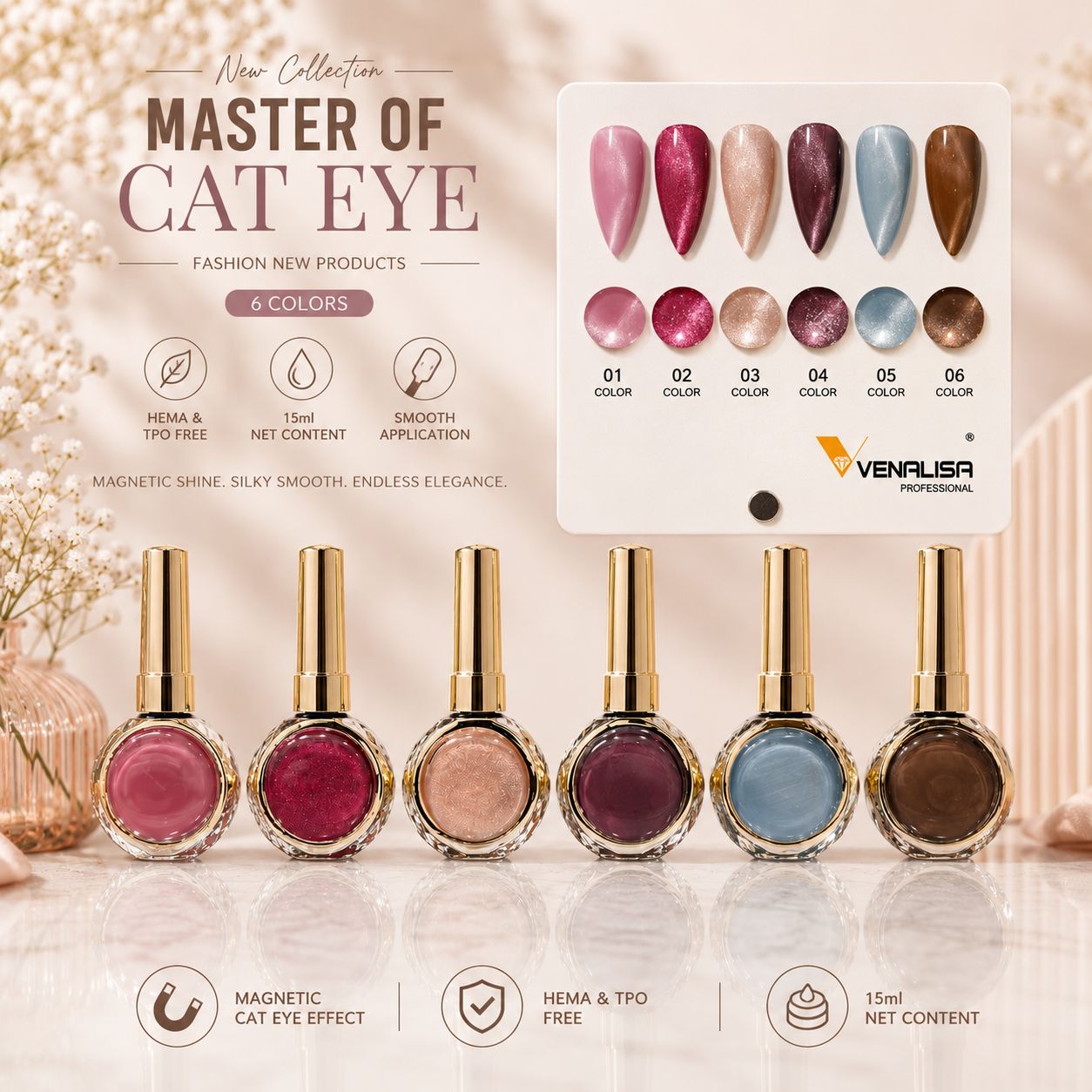 Venalisa Master Of Cat Eye Gel Nail Polish Set – 6 Colors Magnetic Glitter Cat Eye Nail Gel
