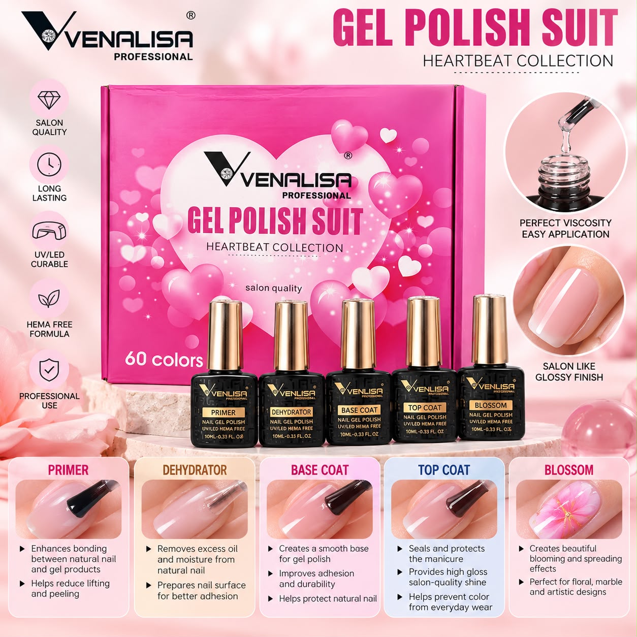 Venalisa Professional Gel Nail Polish & Nail Prep Kit – 55 Colors + Base & Top Coat