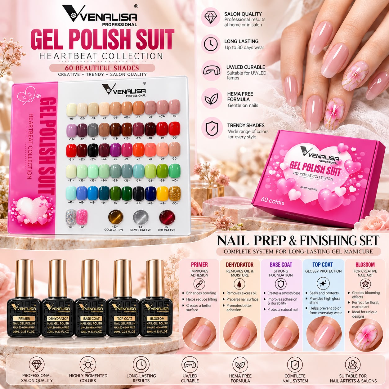 Venalisa Professional Gel Nail Polish & Nail Prep Kit – 55 Colors + Base & Top Coat