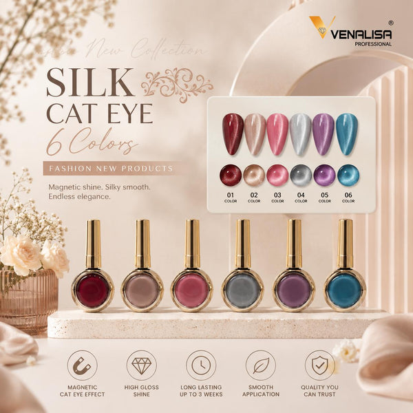 Venalisa Silk Cat Eye Gel Nail Polish Set – 6 Colors Magnetic Cat Eye Nail Gel | High Gloss Long Lasting Nail Art Gel
