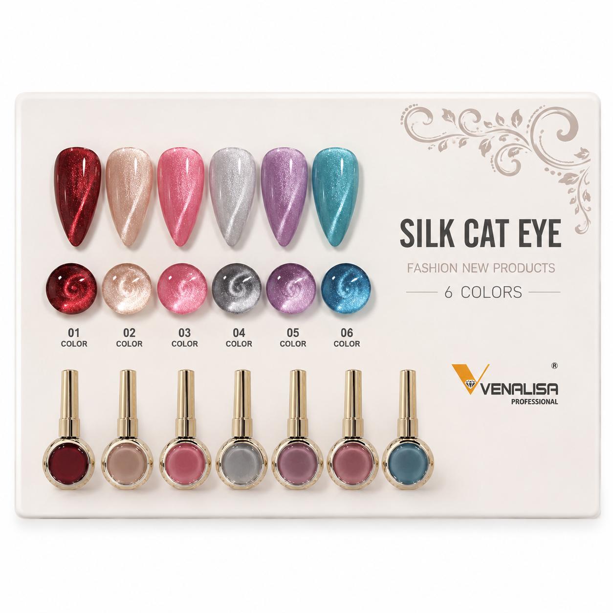 Venalisa Silk Cat Eye Gel Nail Polish Set – 6 Colors Magnetic Cat Eye Nail Gel | High Gloss Long Lasting Nail Art Gel