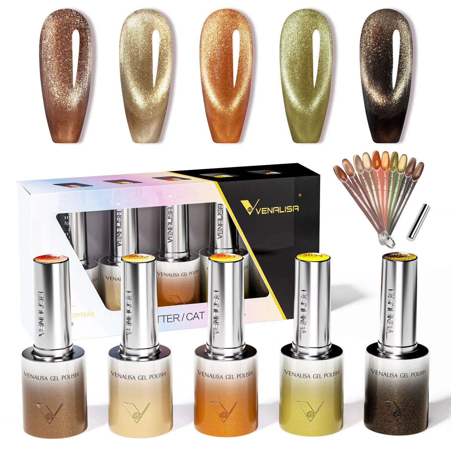 Venalisa Metallic Cat Eye Gel Polish Set (10ML) – Bronze Gold Shimmer Magnetic Effect | TPO Free & HEMA Free