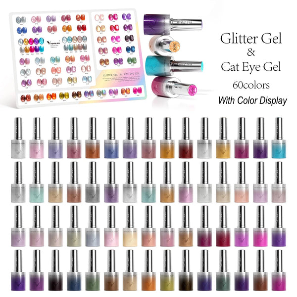 Venalisa 60 Colors Glitter & Cat Eye Gel Polish Set (10ML) – Magnetic Nail Kit with Color Display | TPO Free & HEMA Free