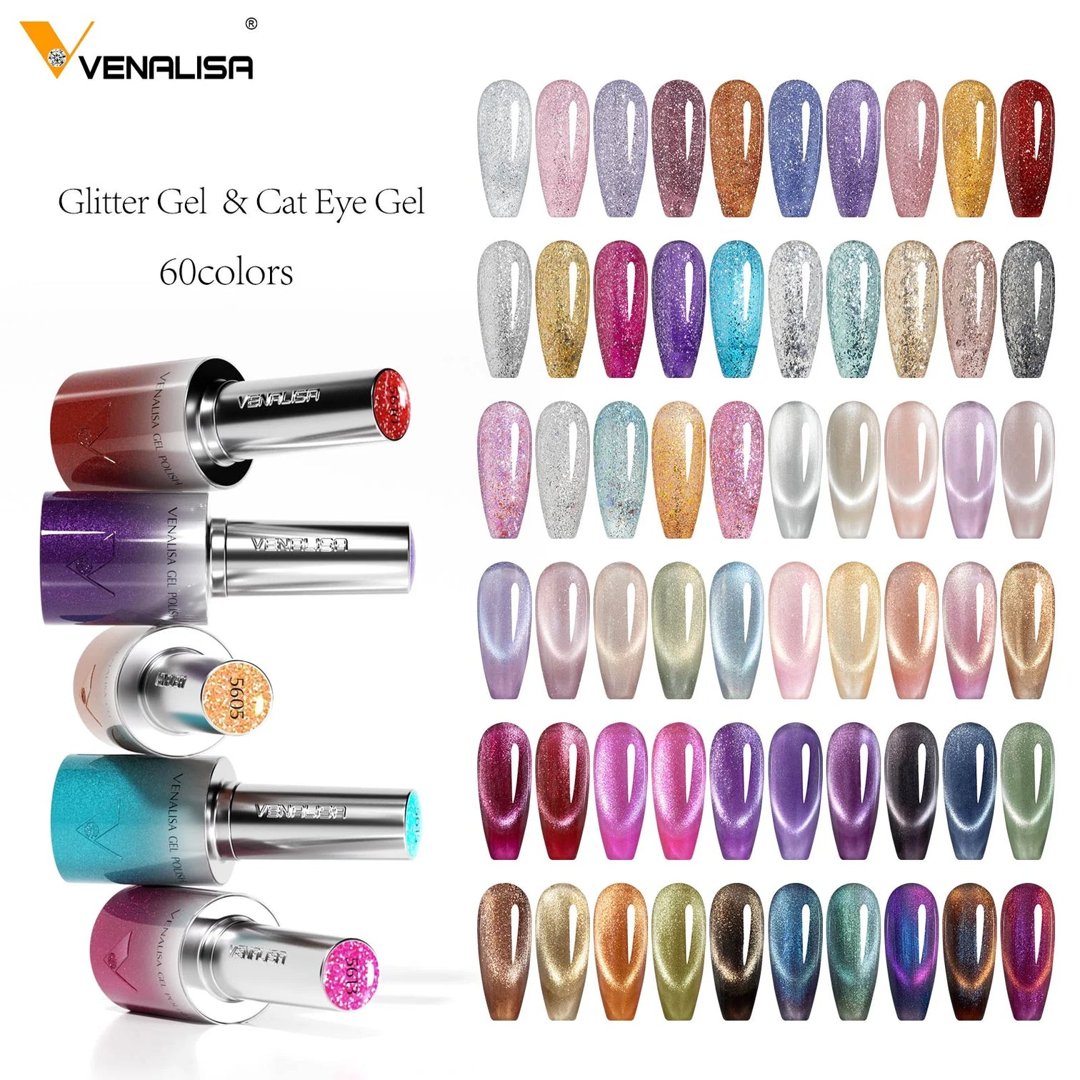 Venalisa 60 Colors Glitter & Cat Eye Gel Polish Set (10ML) – Magnetic Nail Kit with DIY Color Display | TPO Free & HEMA Free