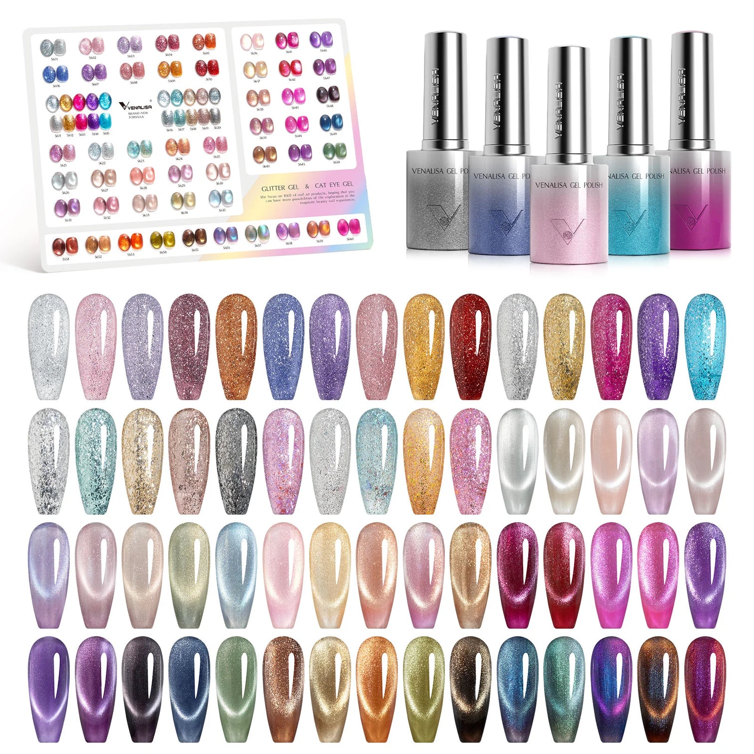 Venalisa 60 Colors Glitter & Cat Eye Gel Polish Set (10ML) – Magnetic Nail Kit with DIY Color Display | TPO Free & HEMA Free