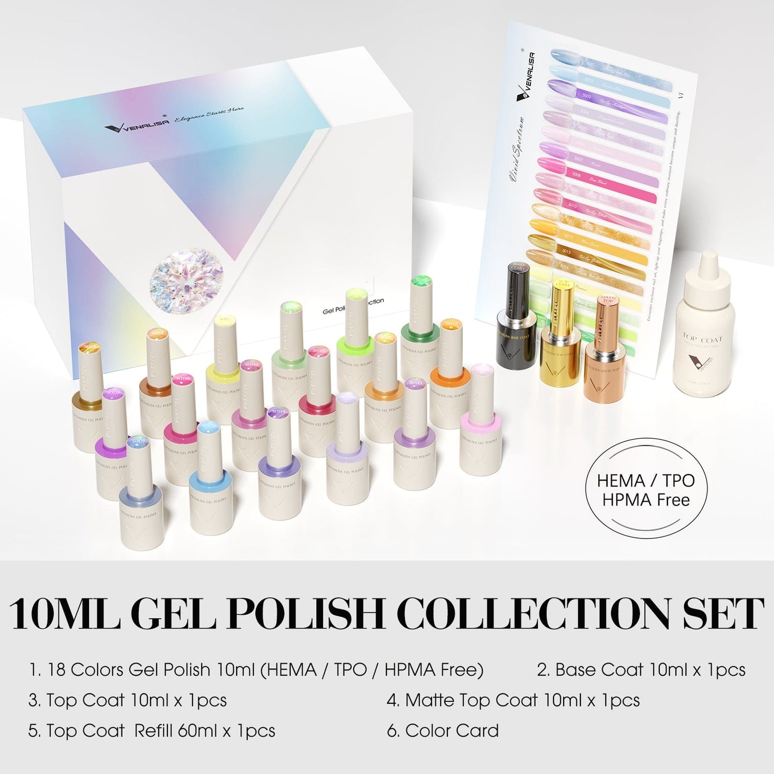 Venalisa V1 Gel Polish Set – 22 Pcs UV/LED Soak-Off Nail Kit with Color Card | 18 Gel Colors + Base, Top & Matte Coat + 60ML Refill Top Coat | 10ML Bottles
