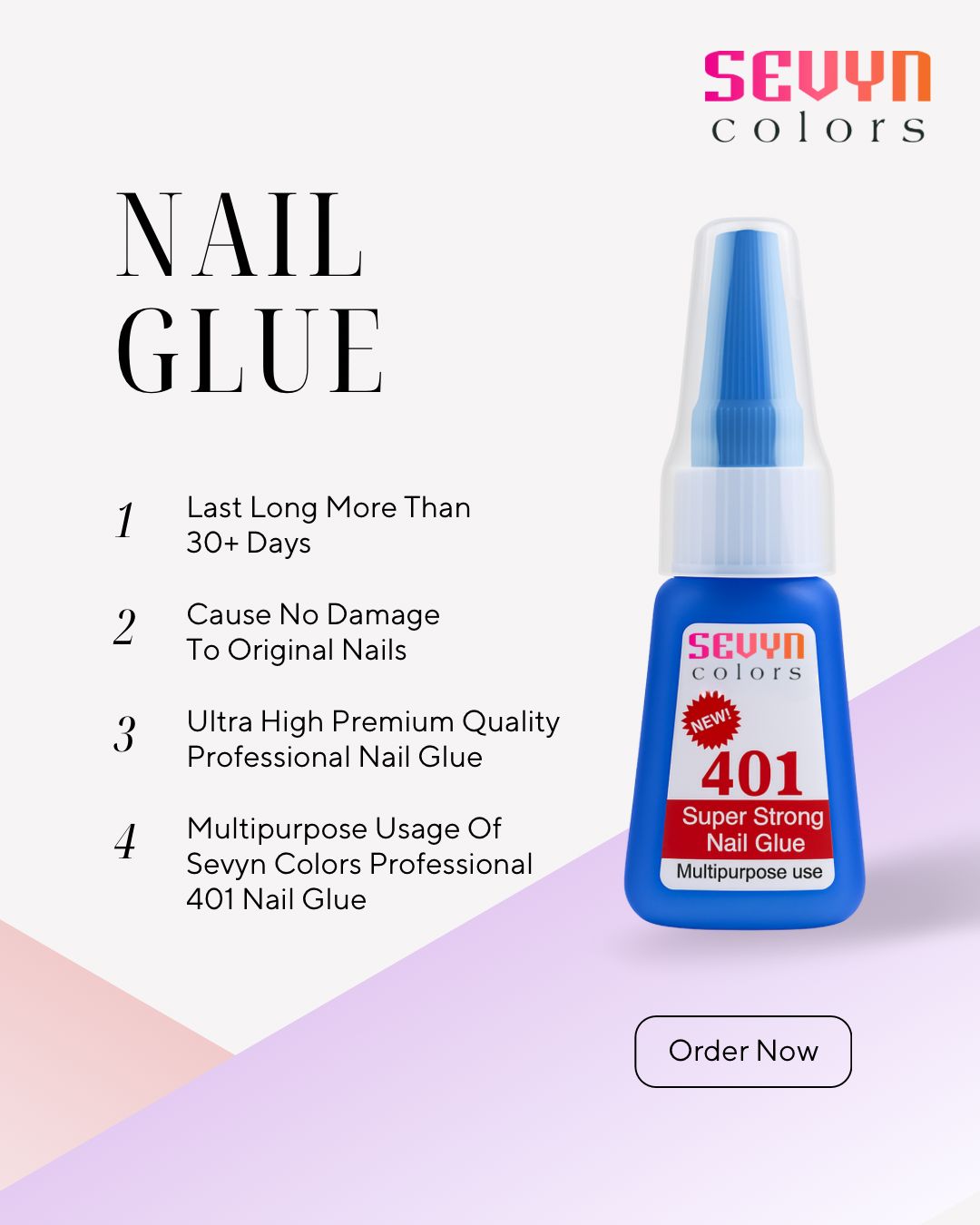 Sevyn Colors nail glue bottle with product features on a white background