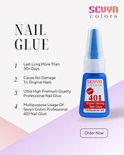 Sevyn Colors nail glue bottle with product features on a white background