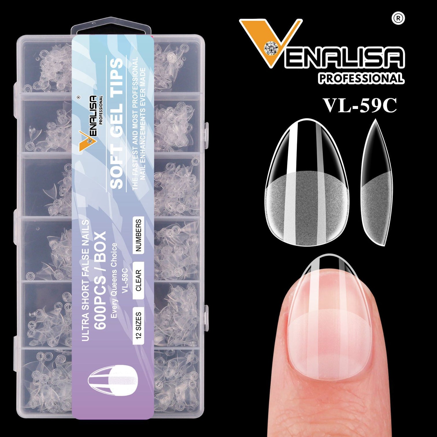 Venalisa Soft Gel Tips – 600PCS Short Almond False Nails | Clear 12 Sizes Nail Extension Tips