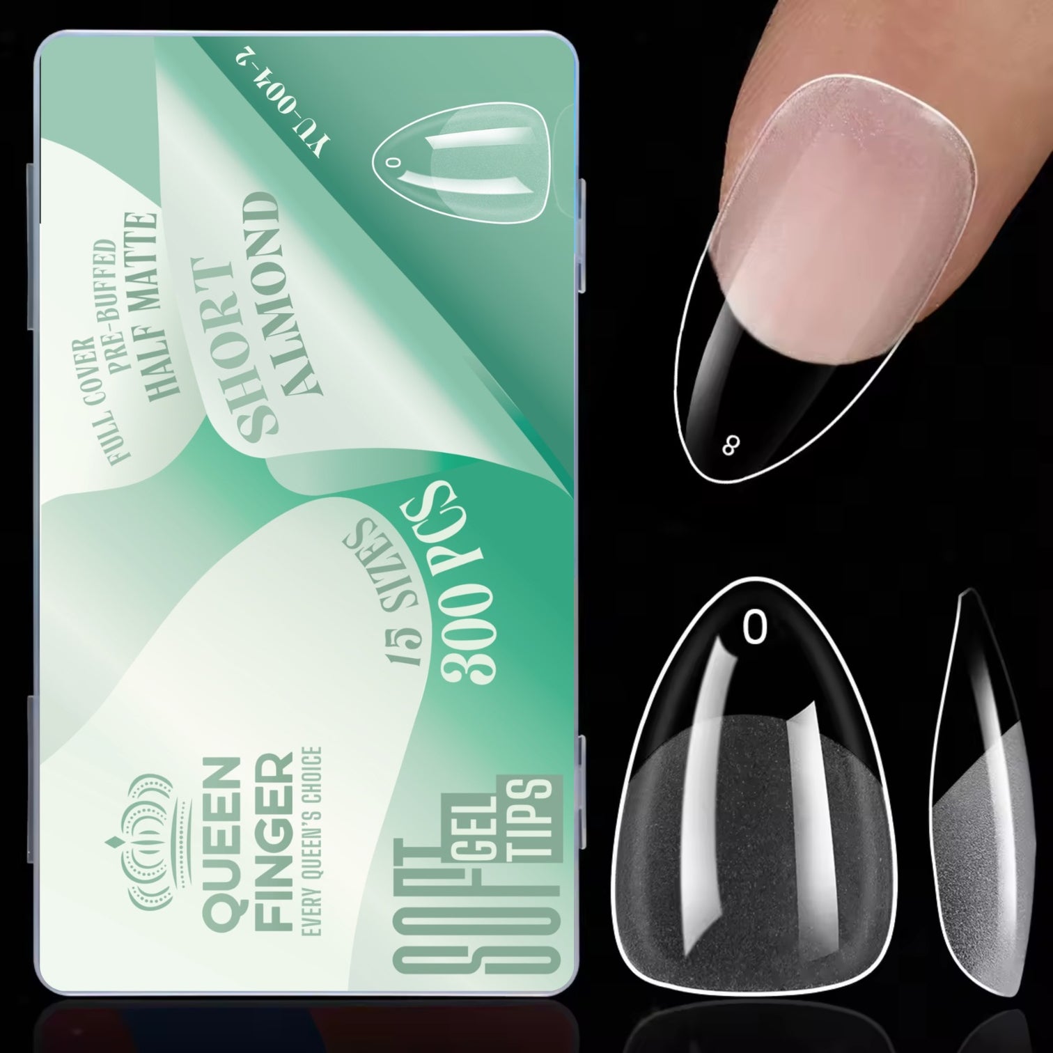 Queen Finger Short Almond Soft Gel Nail Tips | Full Cover Pre-Buffed Half Matte | 300 Pcs (15 Sizes)