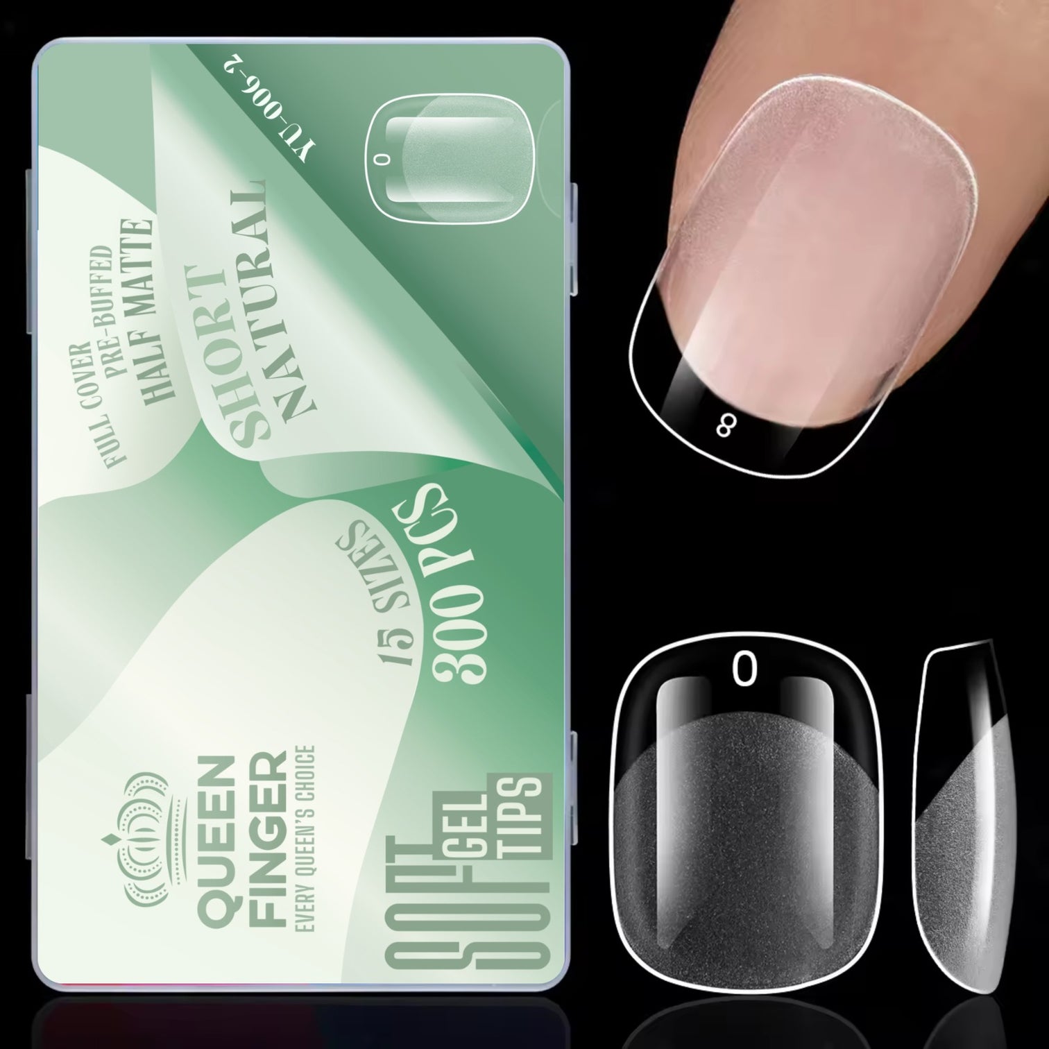Queen Finger Short Natural Soft Gel Nail Tips | Full Cover Pre-Buffed Half Matte | 300 Pcs (15 Sizes)