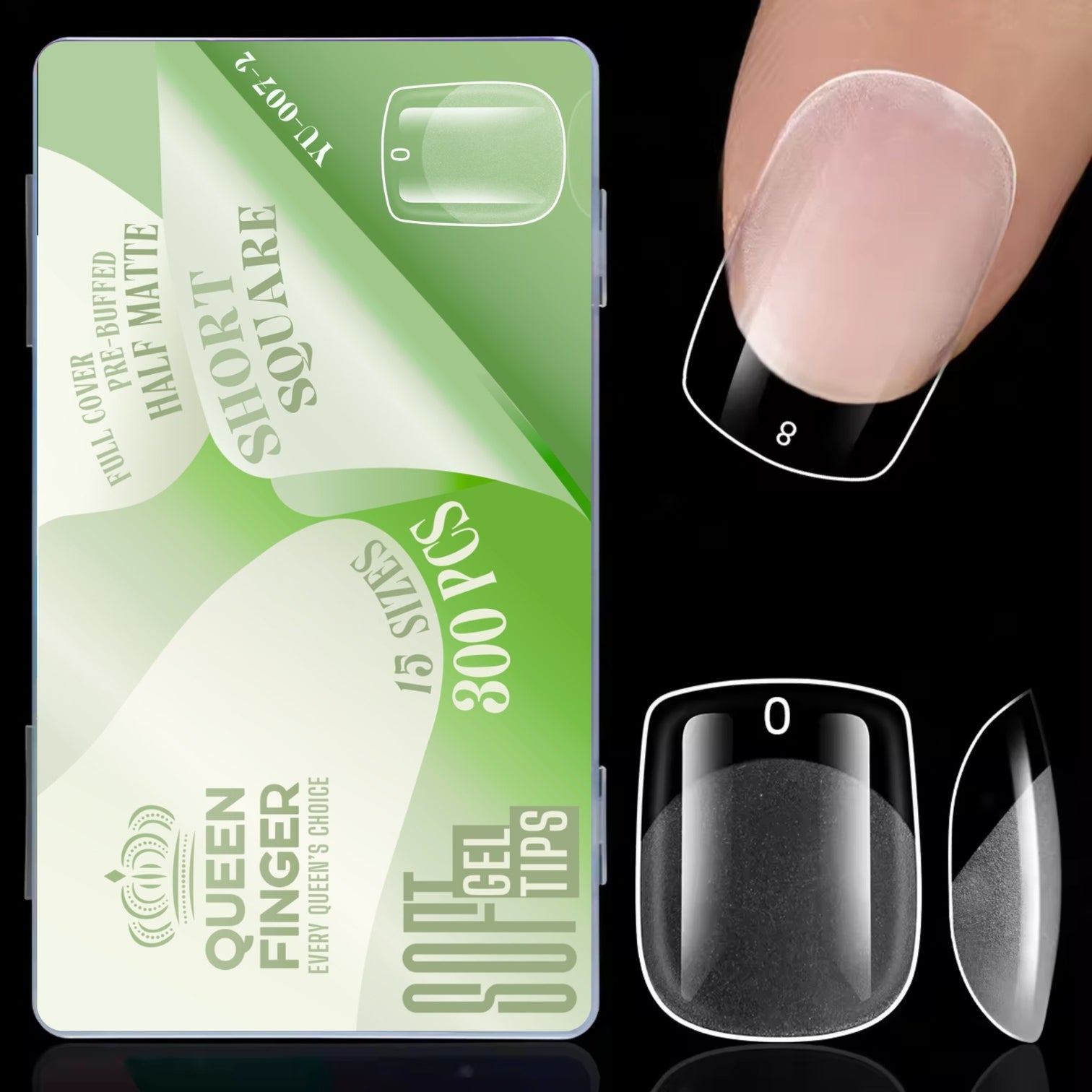 Queen Finger Short Square Soft Gel Nail Tips | Full Cover Pre-Buffed Half Matte | 300 Pcs (15 Sizes)