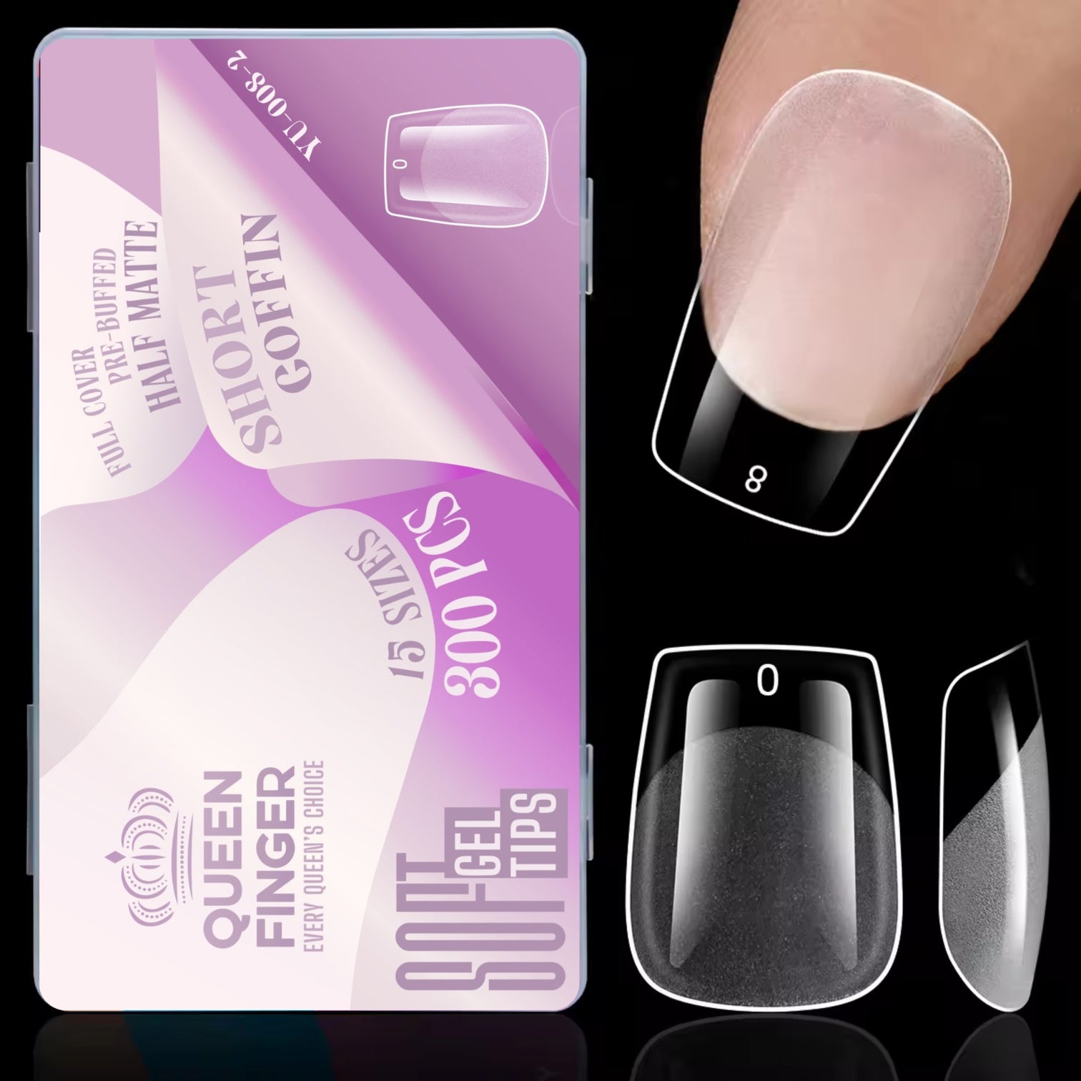 Queen Finger Short Coffin Soft Gel Nail Tips | Full Cover Pre-Buffed Half Matte | 300 Pcs (15 Sizes)