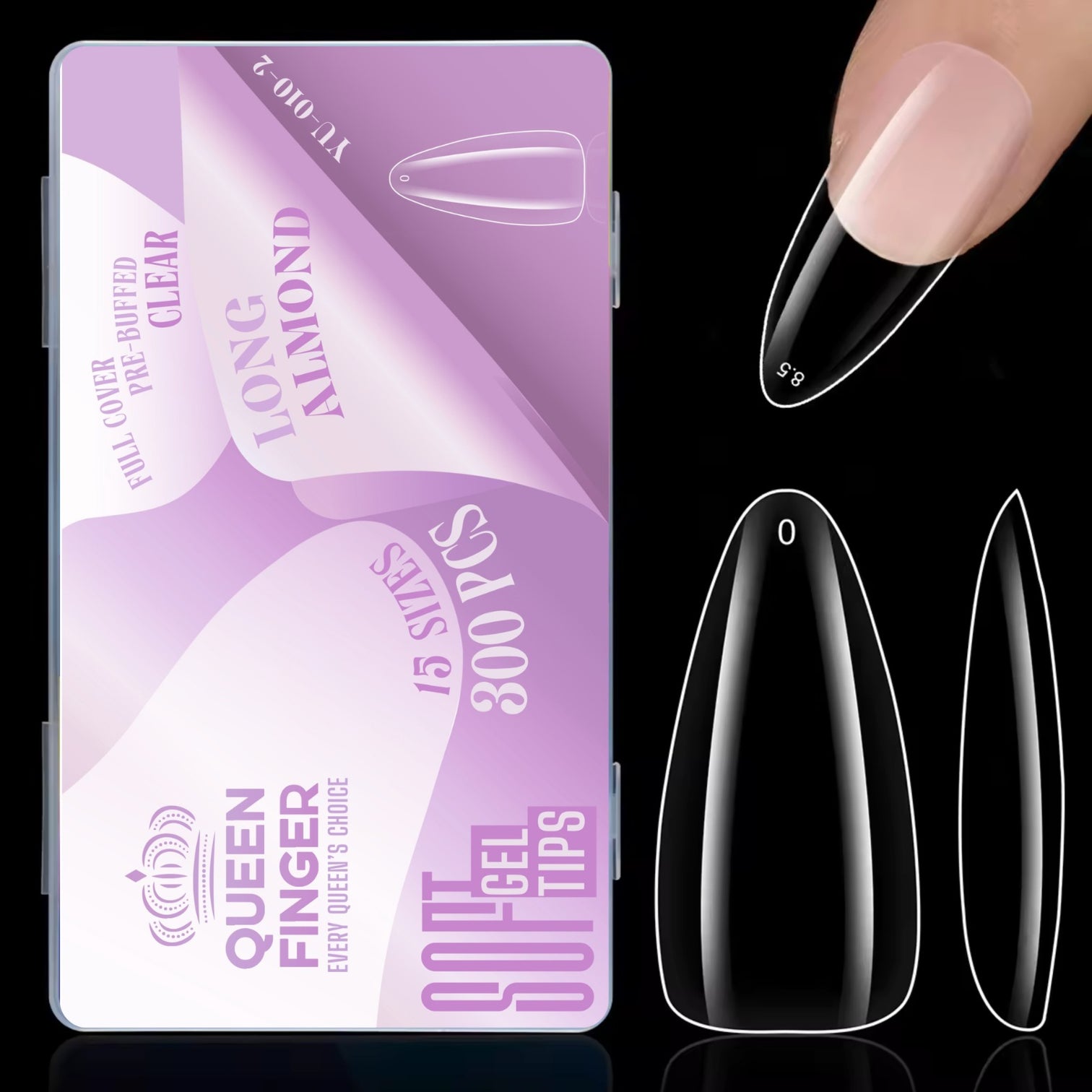 Queen Finger Long Almond Soft Gel Nail Tips | Full Cover Pre-Buffed Clear | 300 Pcs (15 Sizes)