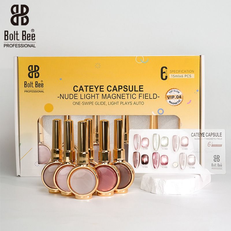Bolt Bee Cat Eye Capsule Nude Light Magnetic Gel Polish Set (6 Colors, 15ml Each) – Professional Magnetic Nail Art (VIP-4)