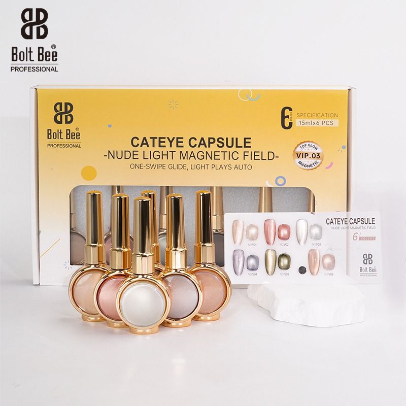 Bolt Bee Cat Eye Capsule Nude Light Magnetic Gel Polish Set (6 Colors, 15ml Each) – Professional Magnetic Nail Art (VIP-3)
