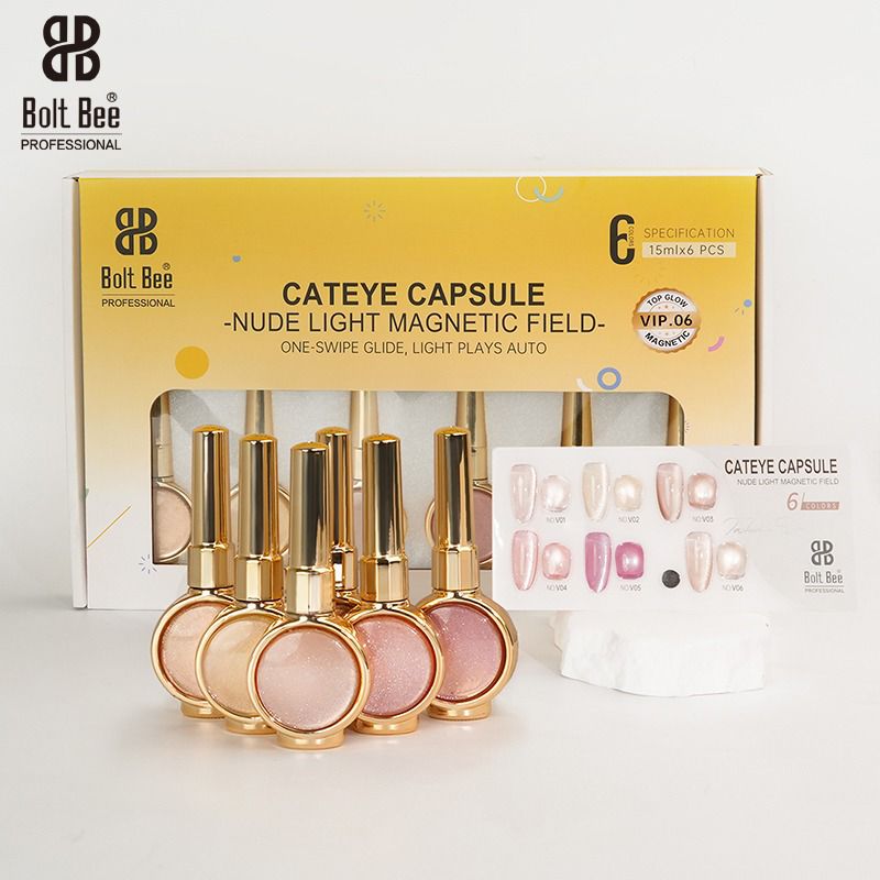 Bolt Bee Cat Eye Capsule Nude Light Magnetic Gel Polish Set (6 Colors, 15ml Each) – Professional Magnetic Nail Art (VIP-6)
