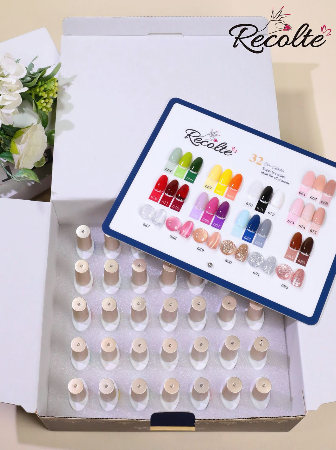 Recolte Gel Nail Polish Kit – 26 Colors + 3 Cat Eye +3  Glitter, Base, Top & Matte Coat | 8ml Each
