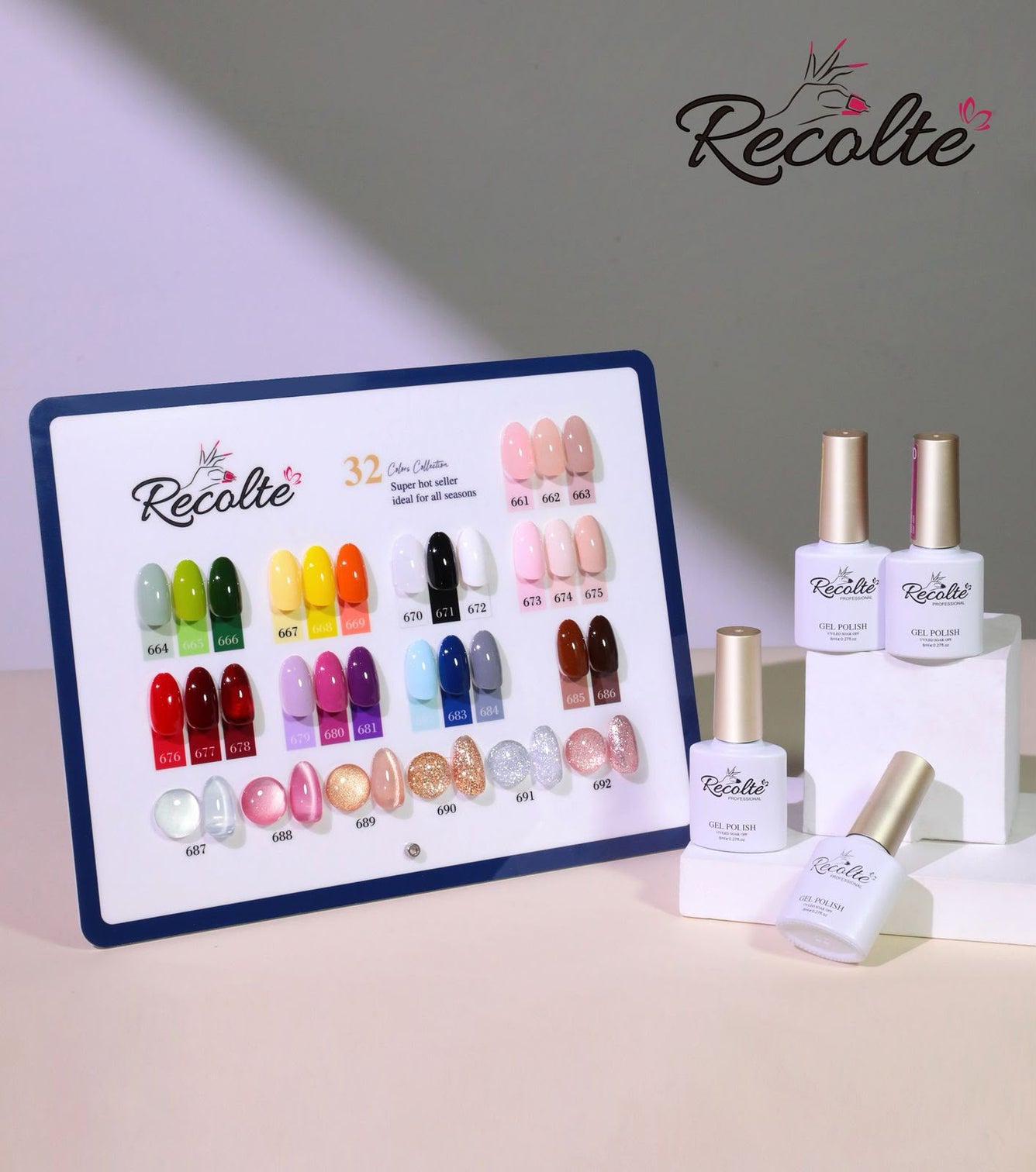 Recolte Gel Nail Polish Kit – 26 Colors + 3 Cat Eye +3  Glitter, Base, Top & Matte Coat | 8ml Each