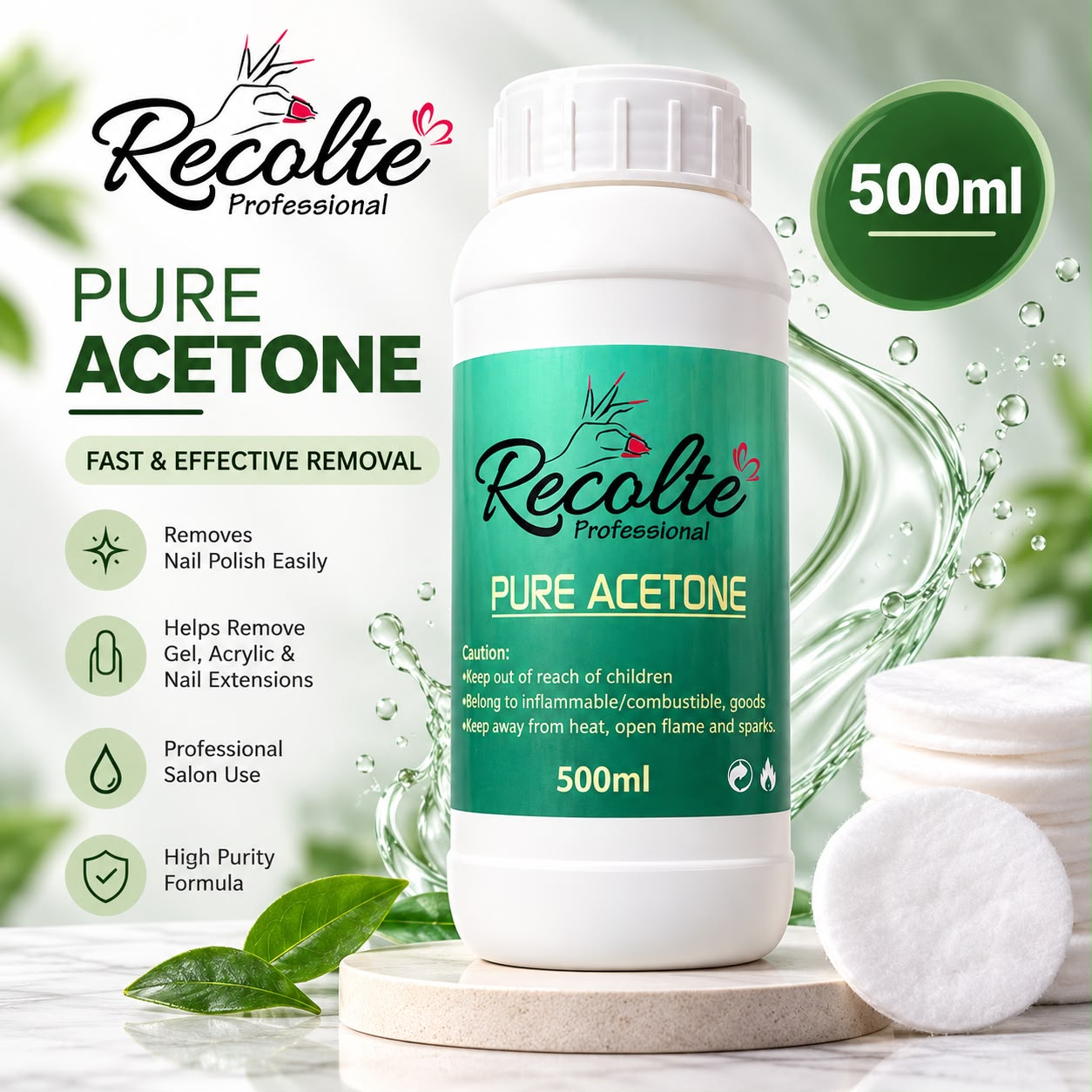 Recolte Professional Pure Acetone 500ml – Nail Polish Remover for Nail Care