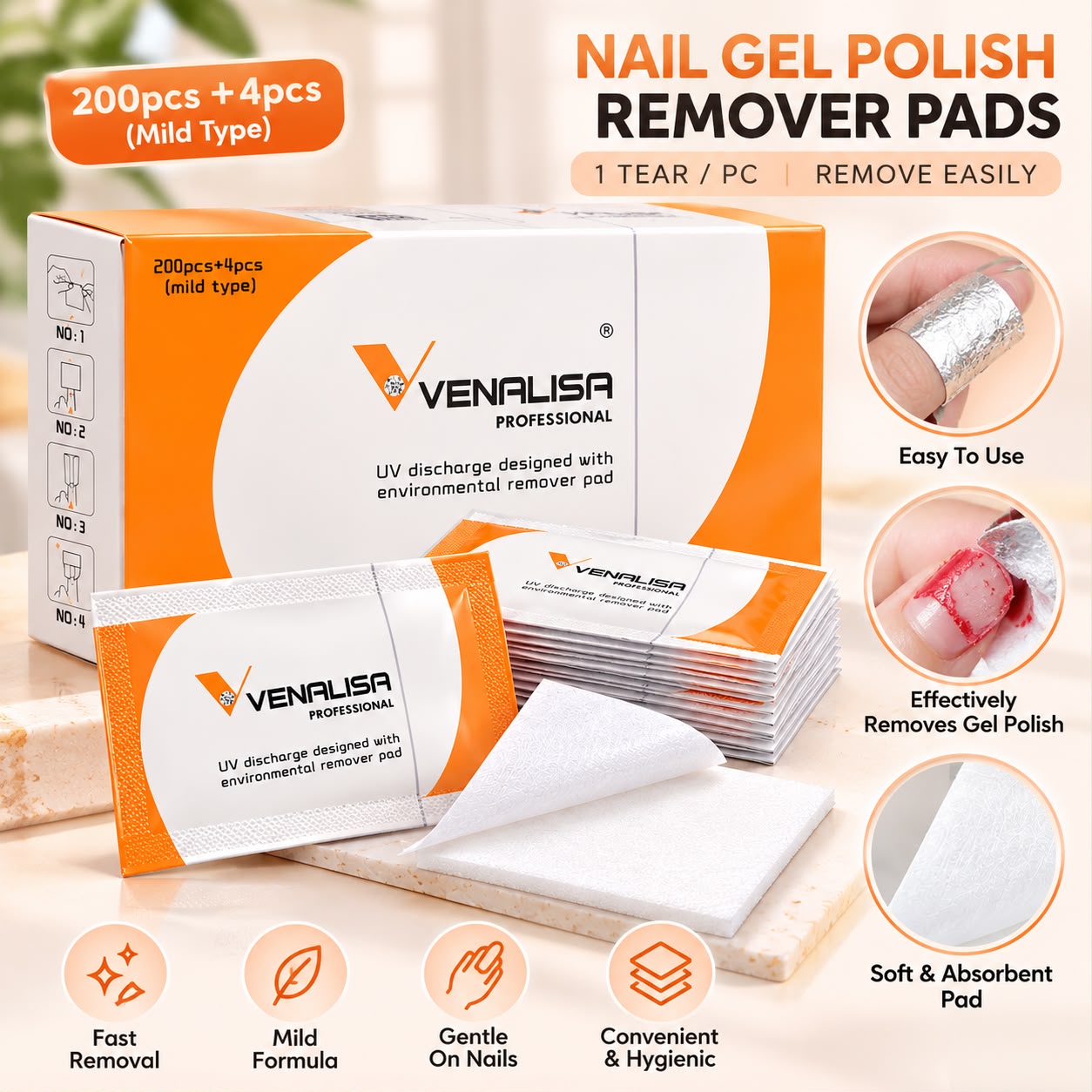 Venalisa Professional Gel Nail Polish Remover Pads – 200 + 4 Pcs Mild Type