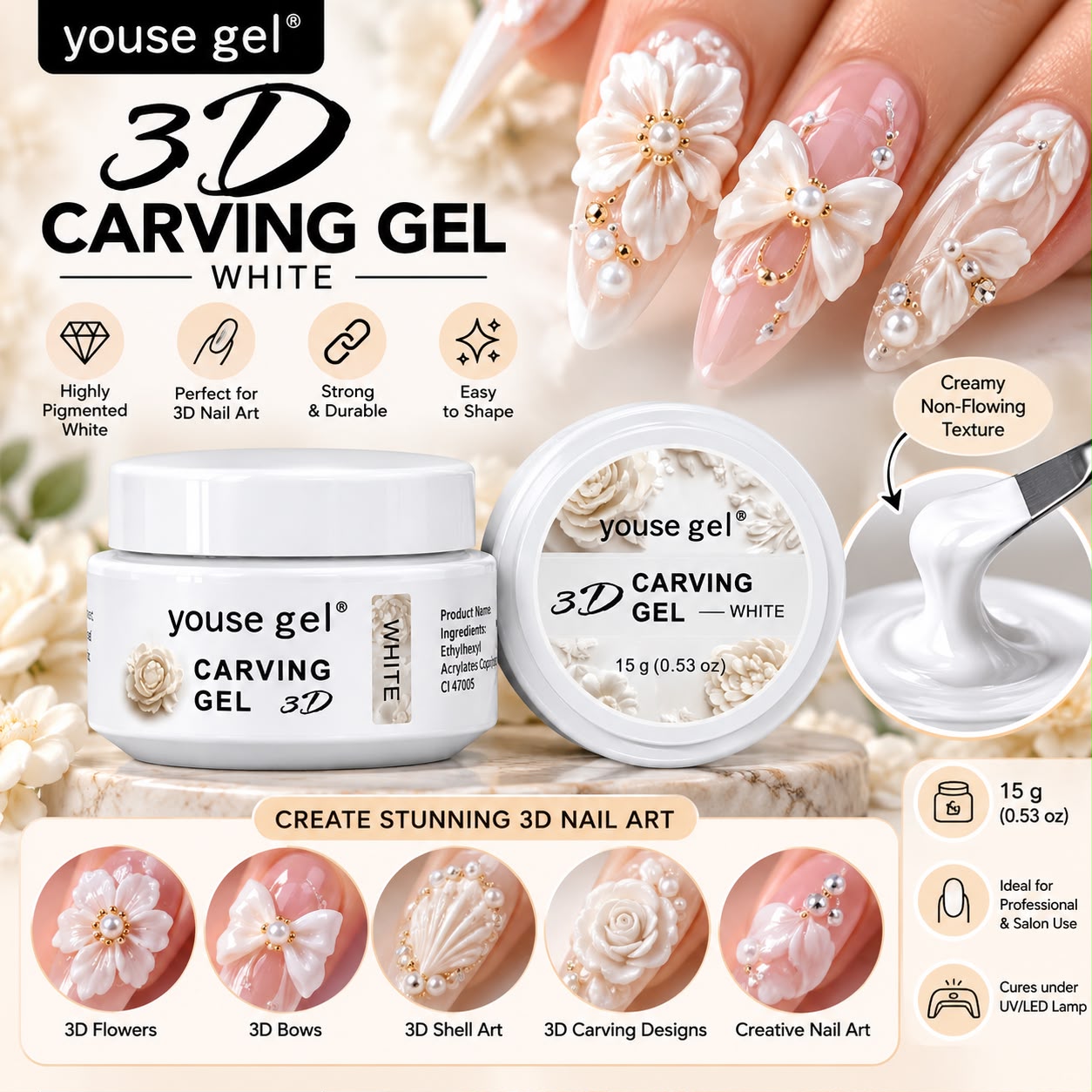 Youse Gel 3D Carving Gel White 15g – Nail Art Sculpting Gel for 3D Flowers & Designs