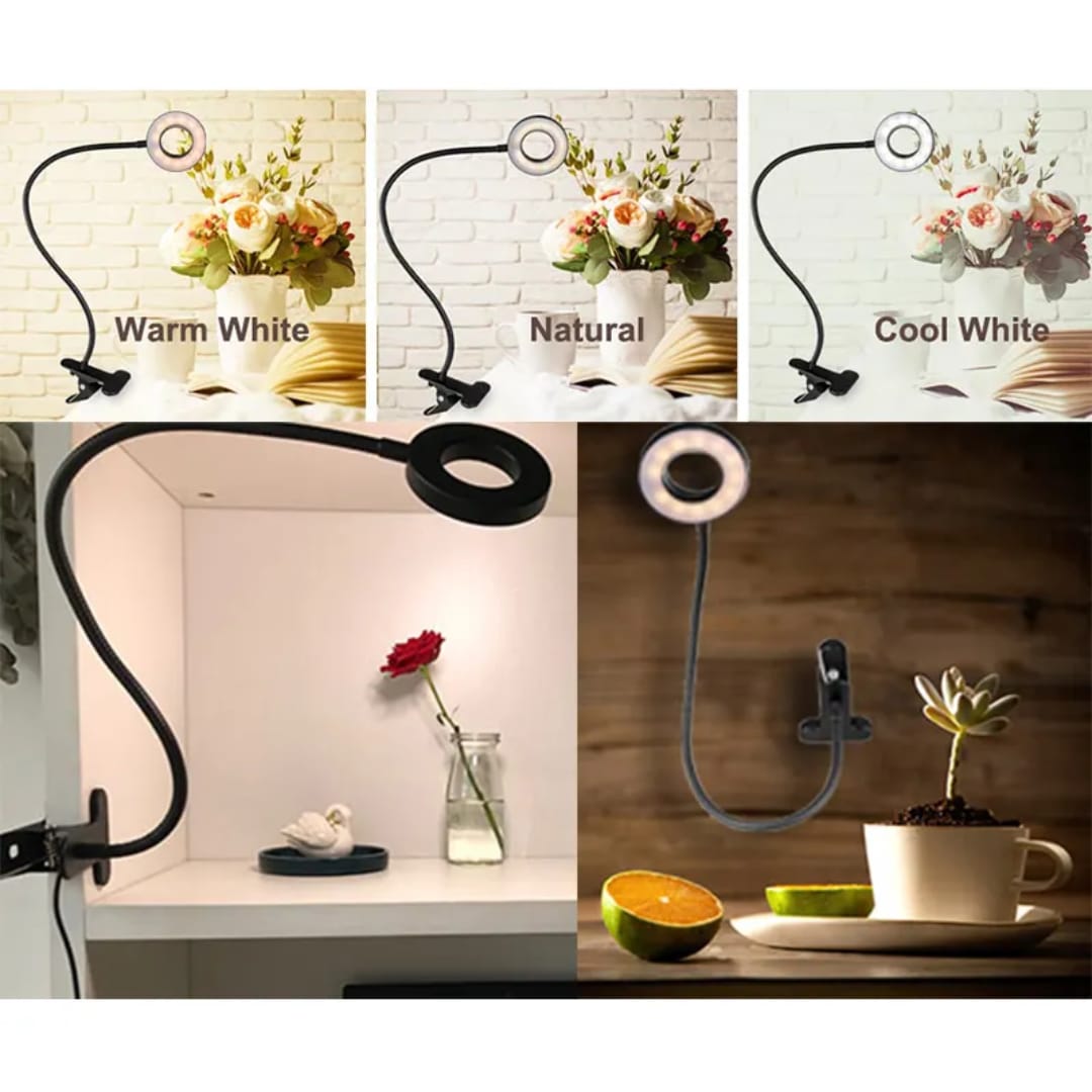 Sevyn Colors 360° Flexible Gooseneck LED Clip-On Ring Light | 3 Color Modes & 10 Brightness Levels | USB Powered Reading, Study, Makeup & Desk Lamp