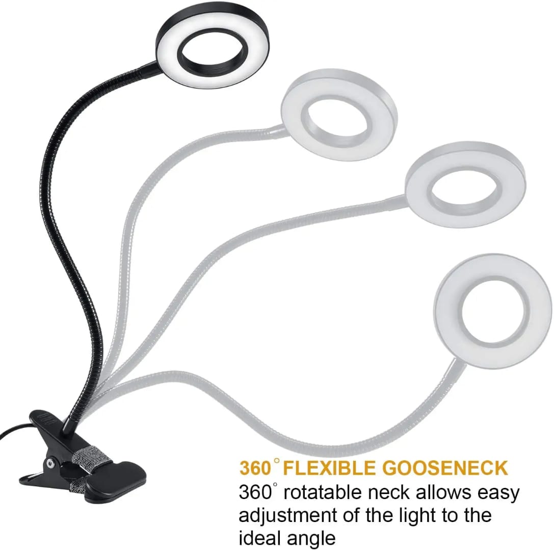 Sevyn Colors 360° Flexible Gooseneck LED Clip-On Ring Light | 3 Color Modes & 10 Brightness Levels | USB Powered Reading, Study, Makeup & Desk Lamp