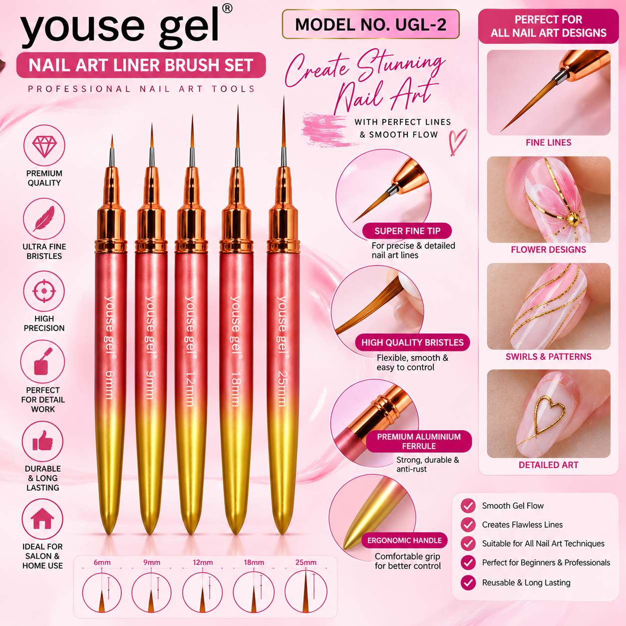 Youse Gel Nail Art Liner Brush Set – 5 Piece Fine Detail Brushes for Gel Polish & Nail Designs