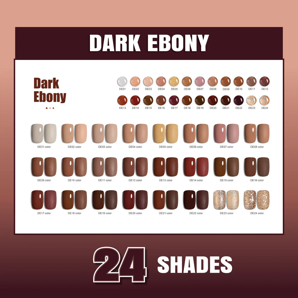 Shills Professional Dark Ebony 24-Color Gel Polish Kit | Nude, Brown & Deep Earth Tones | No TPO & HEMA Free (10ml Each)