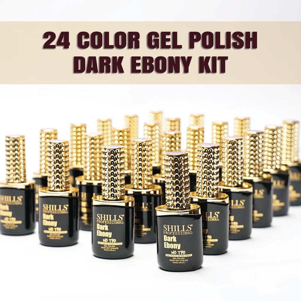 Shills Professional Dark Ebony 24-Color Gel Polish Kit | Nude, Brown & Deep Earth Tones | No TPO & HEMA Free (10ml Each)
