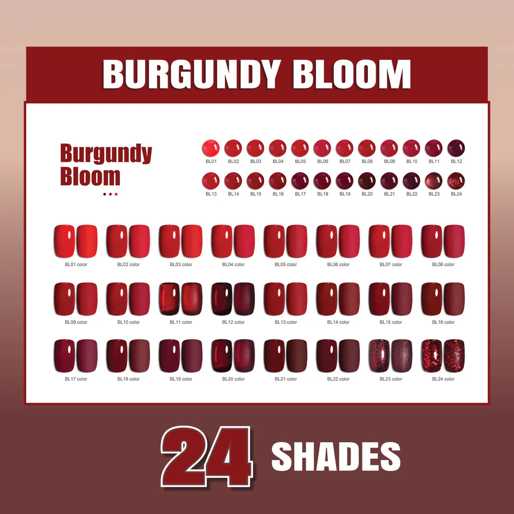 Shills Professional Burgundy Bloom 24-Color Gel Polish Kit | No TPO & HEMA Free | Professional Nail Gel Set (10ml Each)
