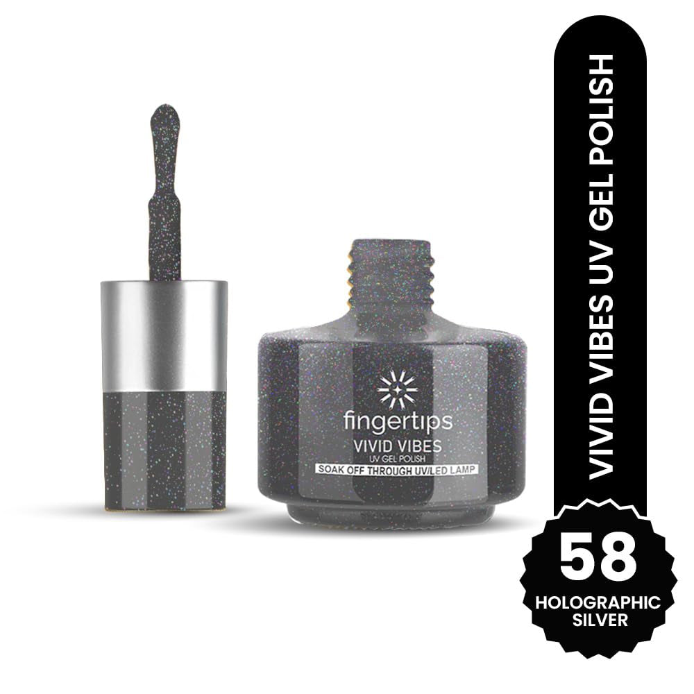 Fingertips Vivid Vibes Holographic Silver UV Gel Polish (Shade 58) – Long-Lasting Soak-Off Gel Nail Color, 16ml