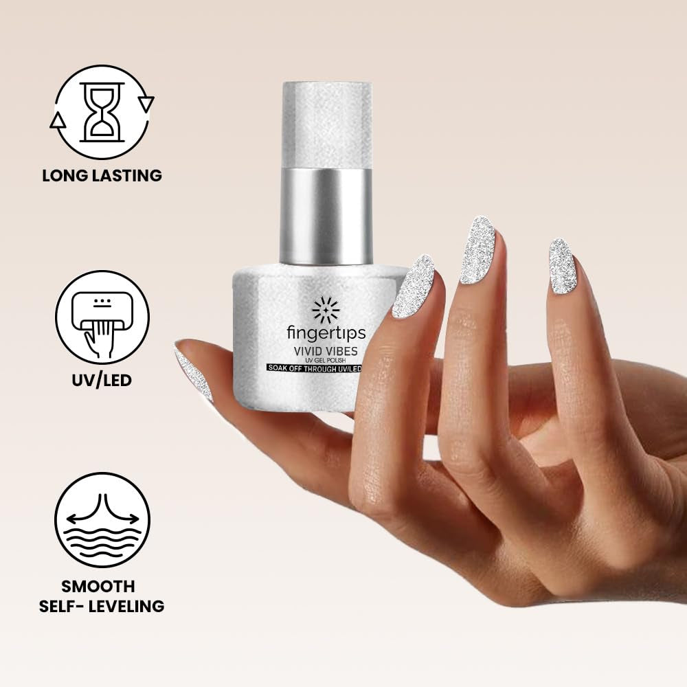 Fingertips Vivid Vibes Silver Foil UV Gel Polish (Shade 38) – Long-Lasting Soak-Off Gel Nail Color, 16ml
