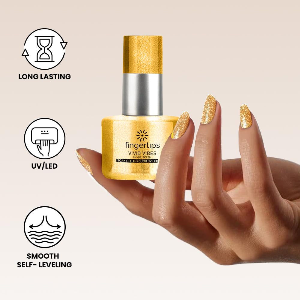 Fingertips Vivid Vibes Honey gold UV Gel Polish (Shade 39) – Long-Lasting Soak-Off Gel Nail Color, 16ml