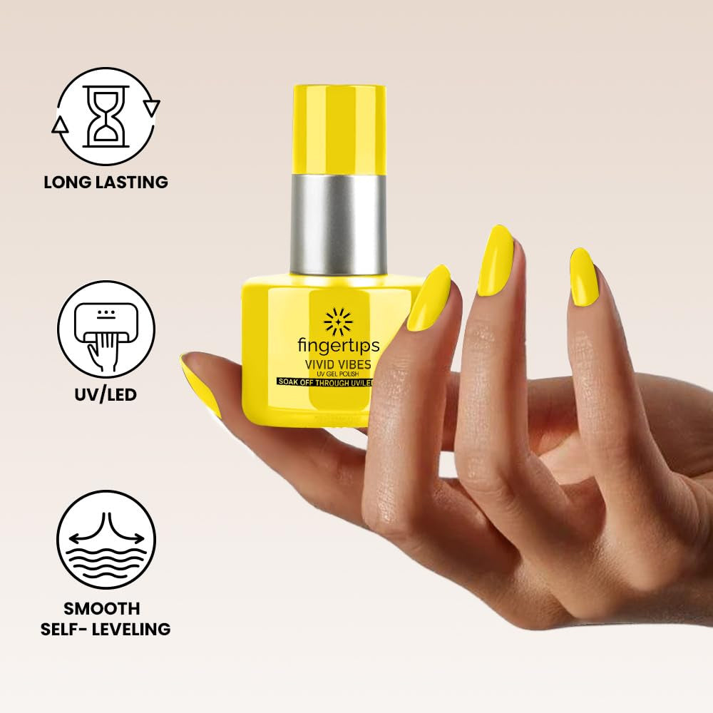 Fingertips Vivid Vibes Neon yellow UV Gel Polish (Shade 53) – Long-Lasting Soak-Off Gel Nail Color, 16ml