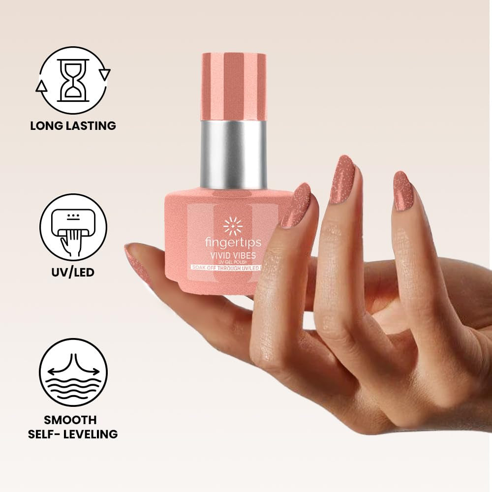 Fingertips Vivid Vibes Tan Glitter UV Gel Polish (Shade 74) – Long-Lasting Soak-Off Gel Nail Color, 16ml