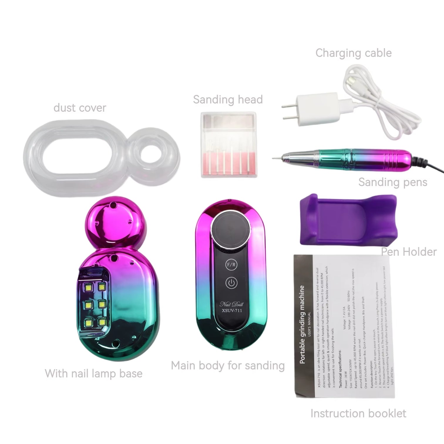 XSUV-711 Portable Electric Nail Drill Machine with 30W UV Lamp Base – 45,000 RPM Professional Nail Filing & Gel Polish Remover Set