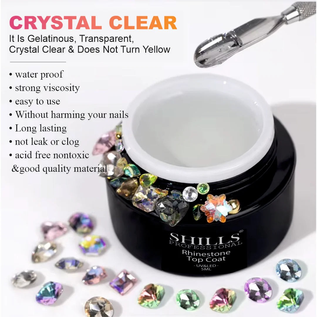 SHILLS Professional Rhinestone Top Coat Gel 5ml | UV LED Crystal Clear Nail Glue