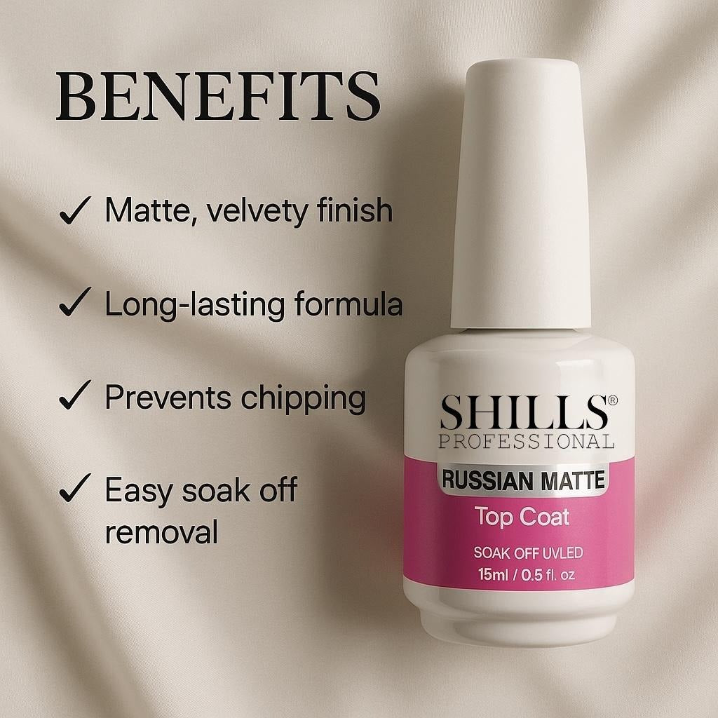 SHILLS Professional Russian Matte Top Coat – Long-Lasting, Anti-Chip, Velvety Matte Finish (15ml)