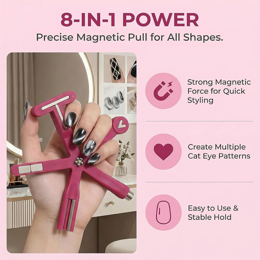 8-in-1 Cat Eye Nail Magnet Tool – Multifunctional Magnetic Nail Art Tool for Cat Eye Gel Polish Designs