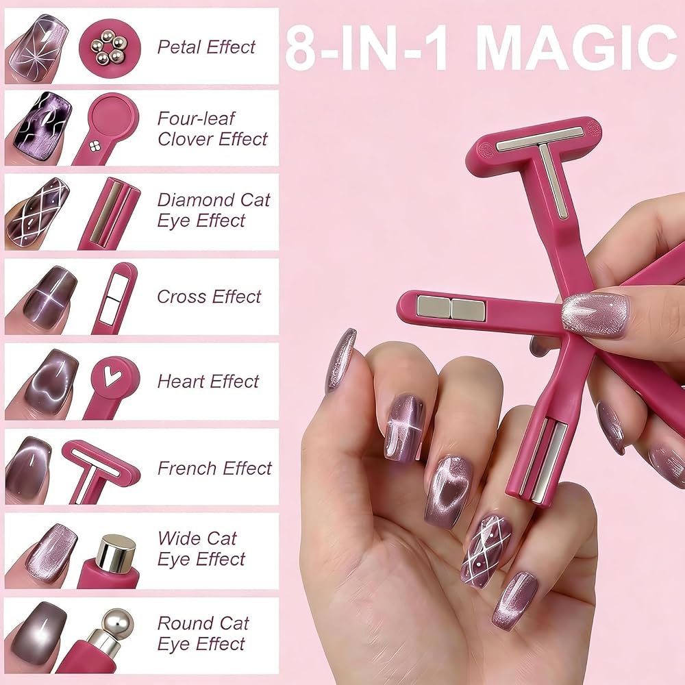 8-in-1 Cat Eye Nail Magnet Tool – Multifunctional Magnetic Nail Art Tool for Cat Eye Gel Polish Designs