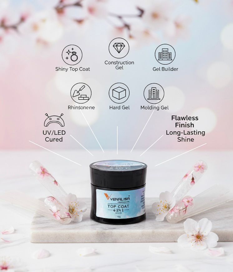 Venalisa 6-in-1 Top Coat UV/LED – Shiny Top Coat, Gel Builder, Hard Gel, Molding Gel & Rhinestone Glue | Long-Lasting Nail Gel Finish